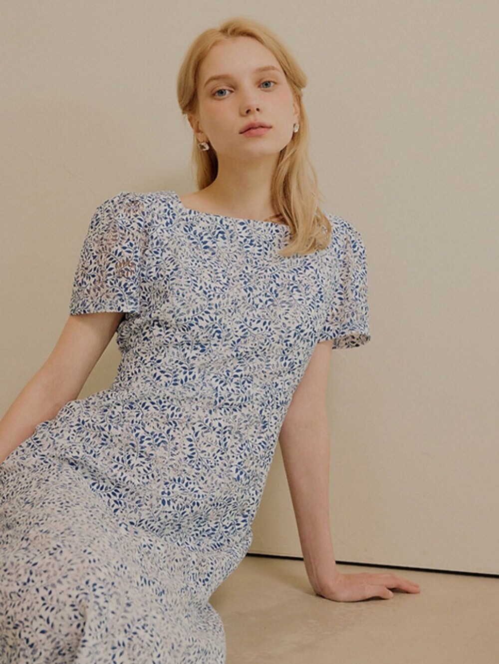 Square Neck Printed Lace Blue Dress
